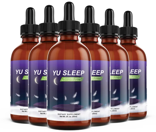 Six amber dropper bottles of Yu Sleep liquid sleep formula, 2 fl oz each